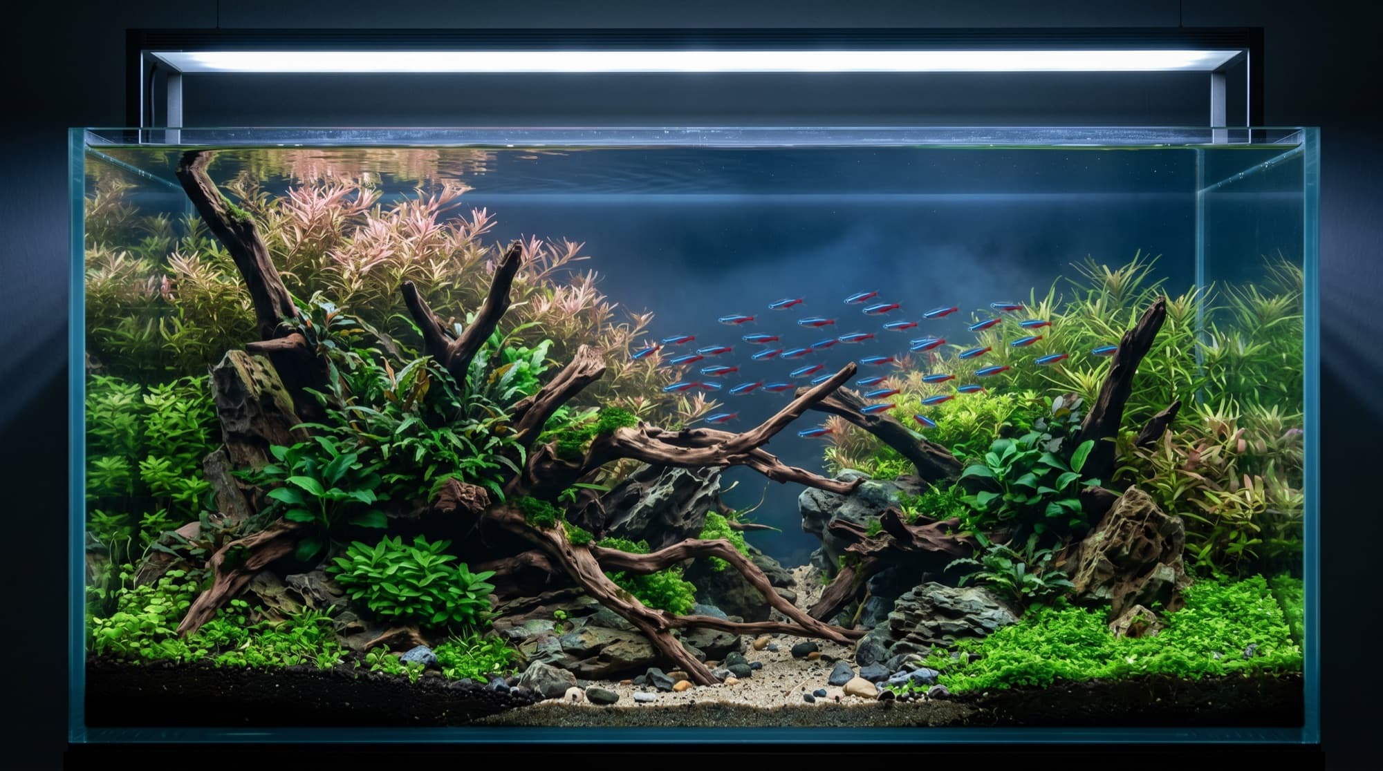 Aquário plantado com plantas aquáticas e cardume de peixes